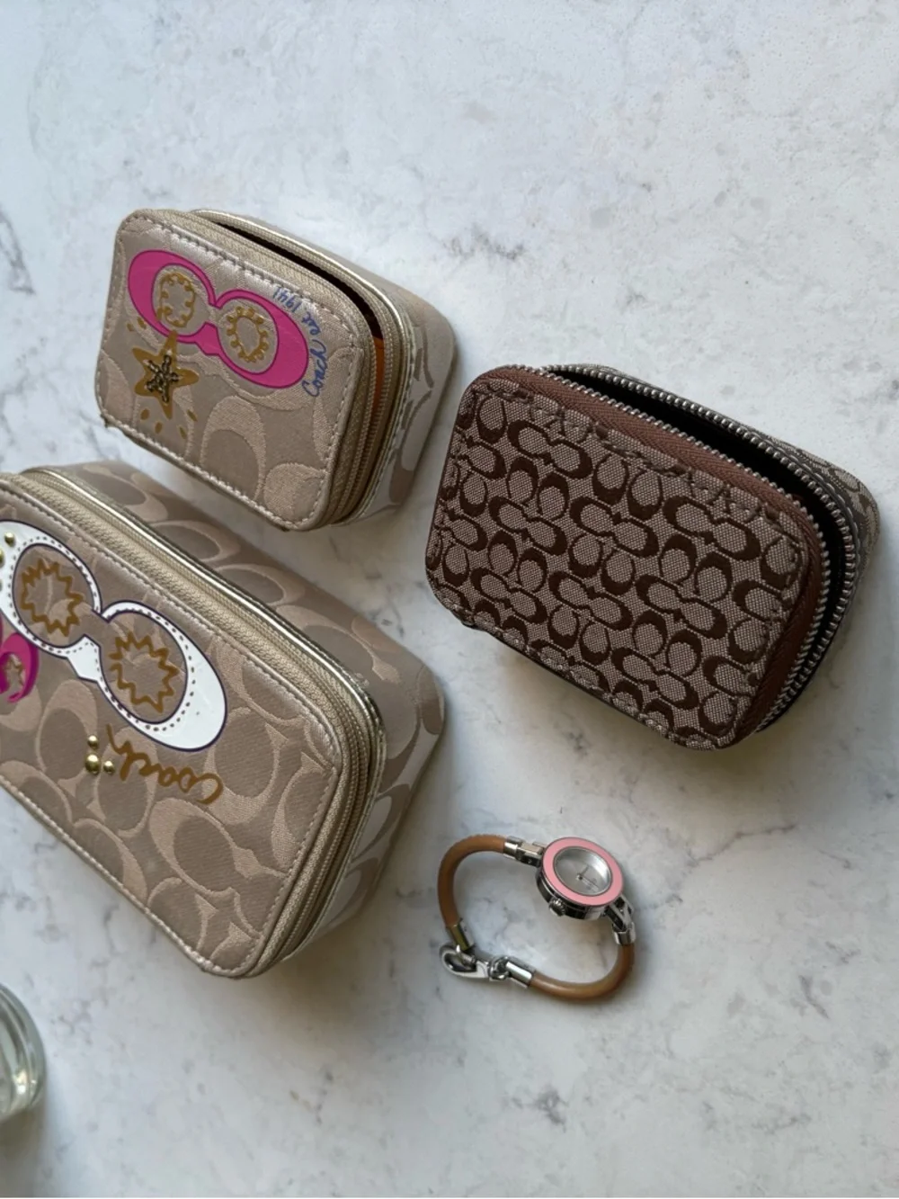 Coach Beige & Brown Signature Accessory Set with Pink Accent LOT Cases only